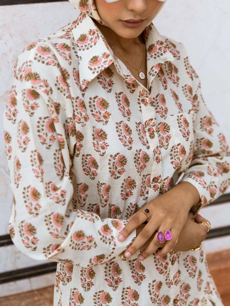 Peach Bon Bon Dress - Printed Cotton Mini Shirt Dress cotton Dress by Marche in white color for women Worldwide