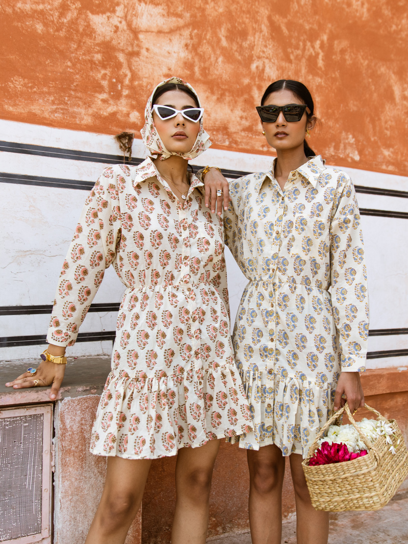 Peach Bon Bon Dress - Printed Cotton Mini Shirt Dress cotton Dress by Marche in white color for women Worldwide