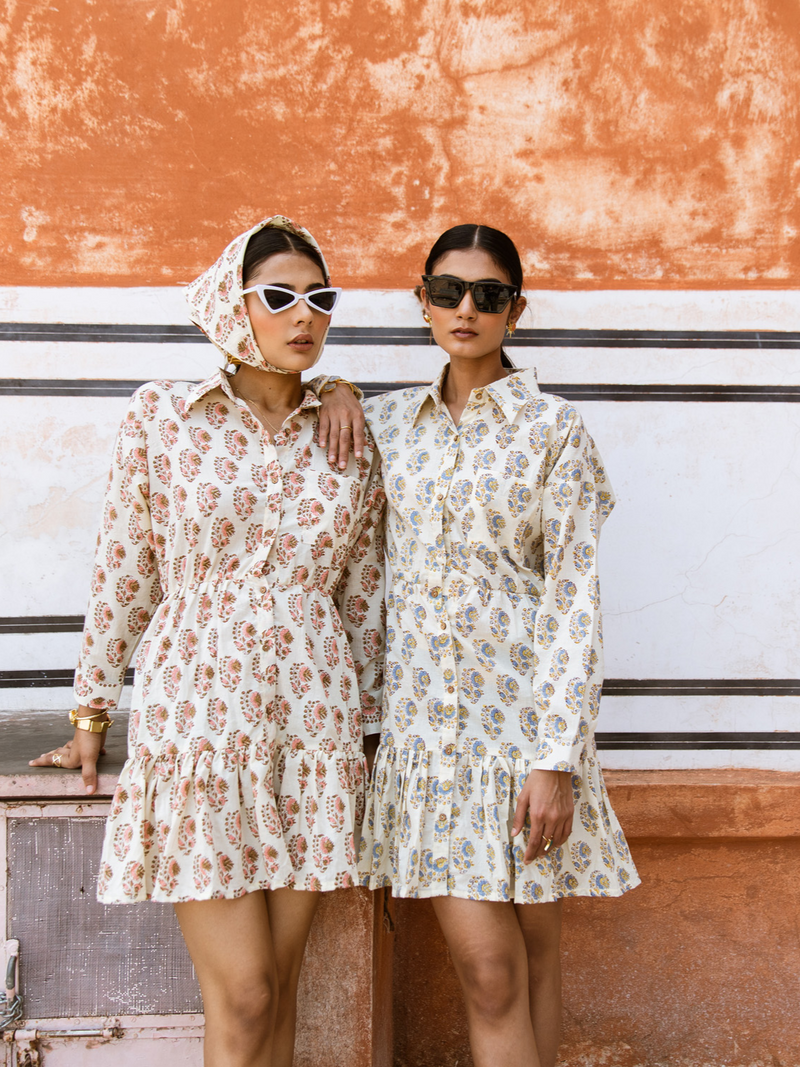 Peach Bon Bon Dress - Printed Cotton Mini Shirt Dress cotton Dress by Marche in white color for women Worldwide