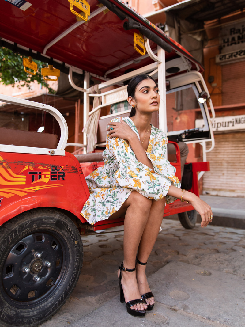 Honey Dew Floral Dress - Printed Cotton Mini Dress cotton Dress by Marche in white color for women Worldwide
