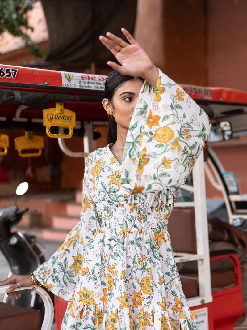 Honey Dew Floral Dress - Printed Cotton Mini Dress cotton Dress by Marche in white color for women Worldwide