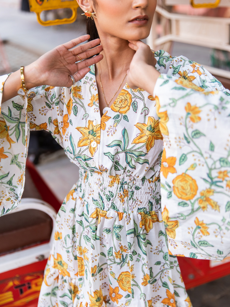 Honey Dew Floral Dress - Printed Cotton Mini Dress cotton Dress by Marche in white color for women Worldwide