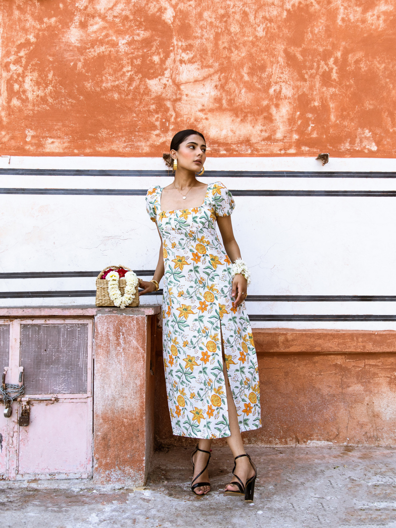 Honey Dew Midi Dress - Off Shoulder Printed Cotton Midi Dress cotton Dress by Marche in white color for women Worldwide