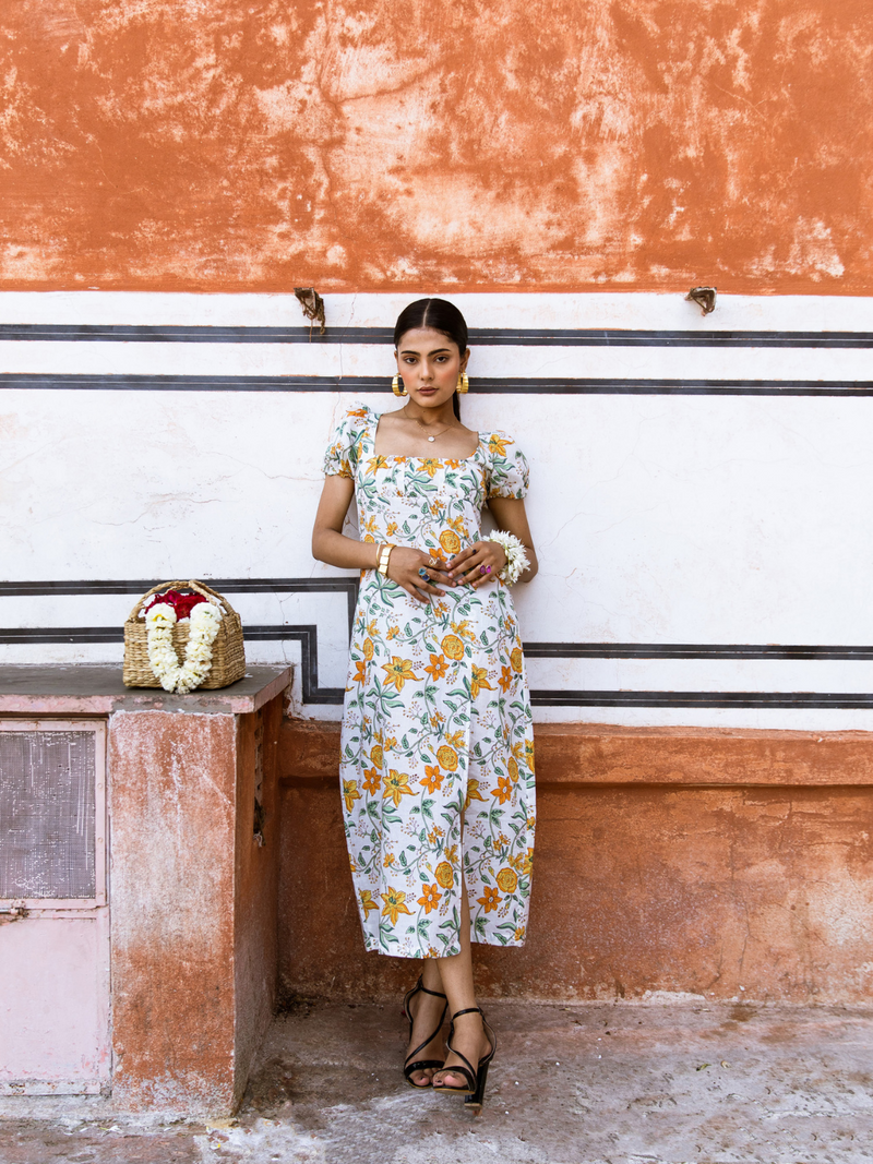 Honey Dew Midi Dress - Off Shoulder Printed Cotton Midi Dress cotton Dress by Marche in white color for women Worldwide