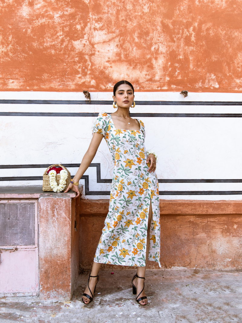 Honey Dew Midi Dress - Off Shoulder Printed Cotton Midi Dress cotton Dress by Marche in white color for women Worldwide
