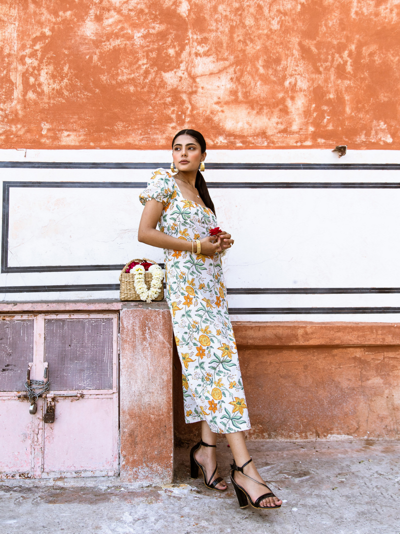 Honey Dew Midi Dress - Off Shoulder Printed Cotton Midi Dress cotton Dress by Marche in white color for women Worldwide