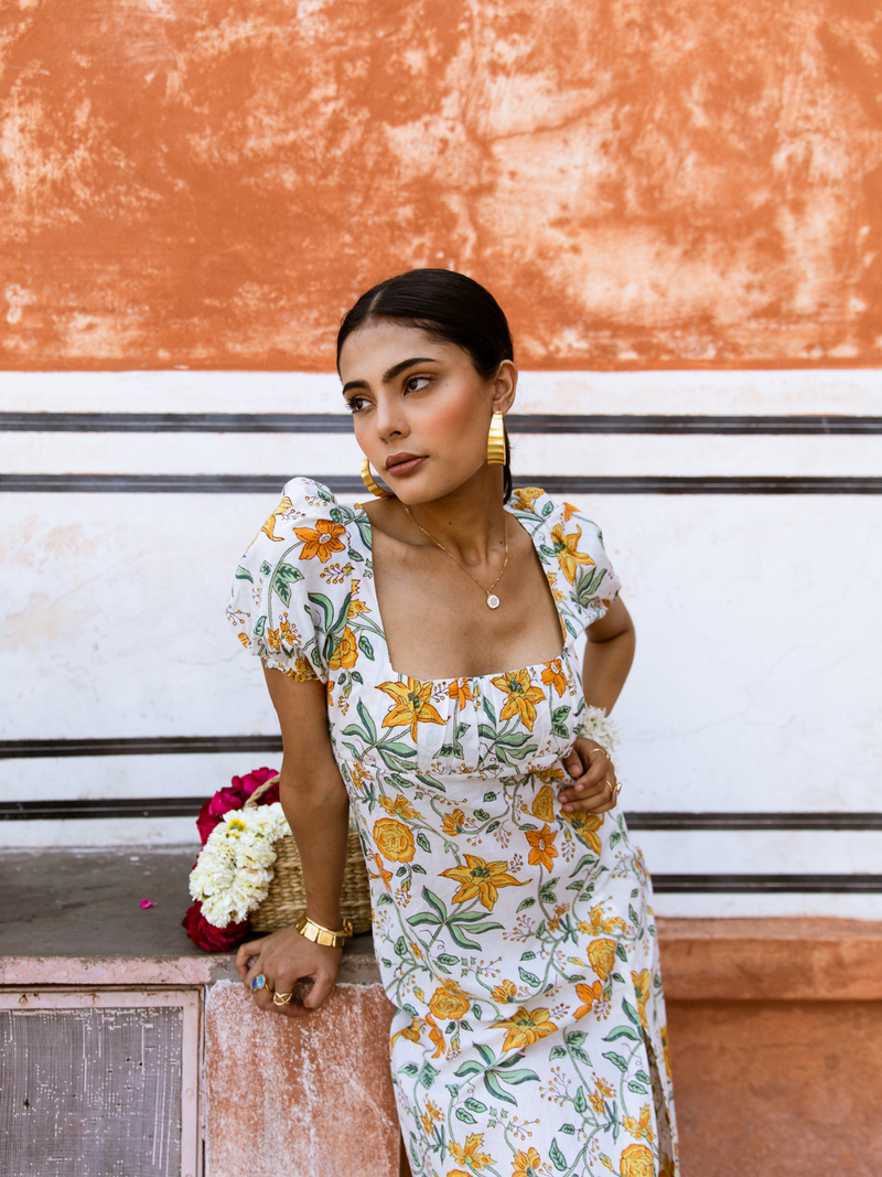 Honey Dew Midi Dress - Off Shoulder Printed Cotton Midi Dress cotton Dress by Marche in white color for women Worldwide