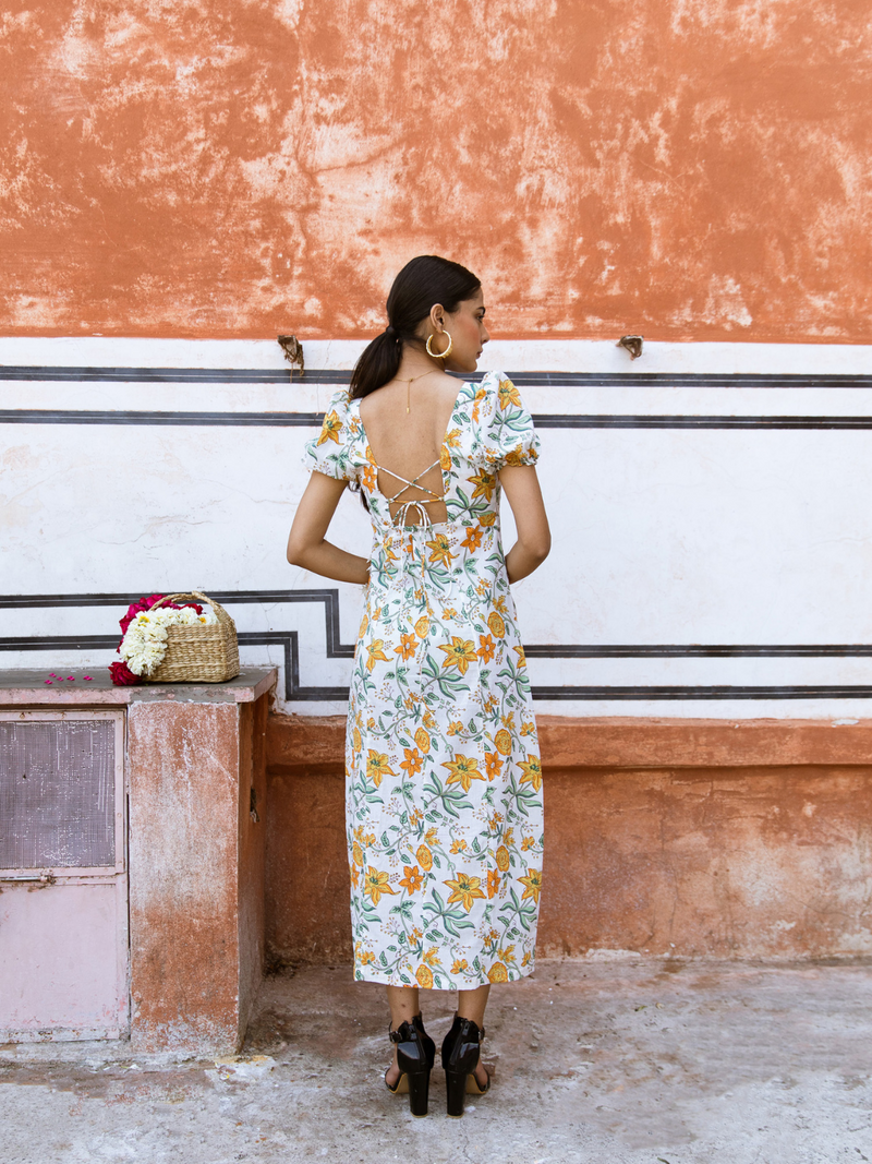 Honey Dew Midi Dress - Off Shoulder Printed Cotton Midi Dress cotton Dress by Marche in white color for women Worldwide