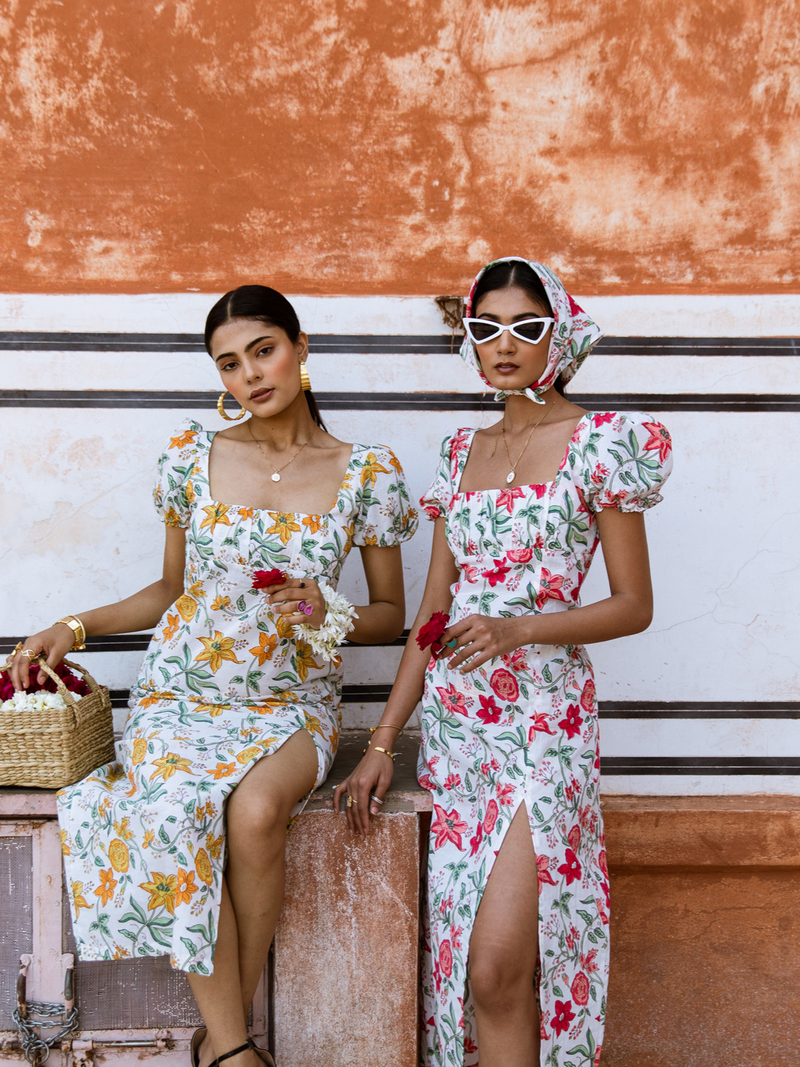 Honey Dew Midi Dress - Off Shoulder Printed Cotton Midi Dress cotton Dress by Marche in white color for women Worldwide