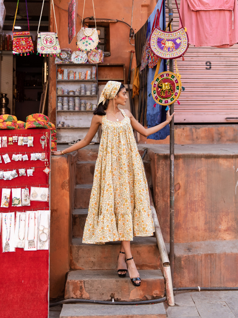Mango Slush Dress - Printed Cotton Tiered Midi Dress cotton Dress by Marche in yellow color for women Worldwide