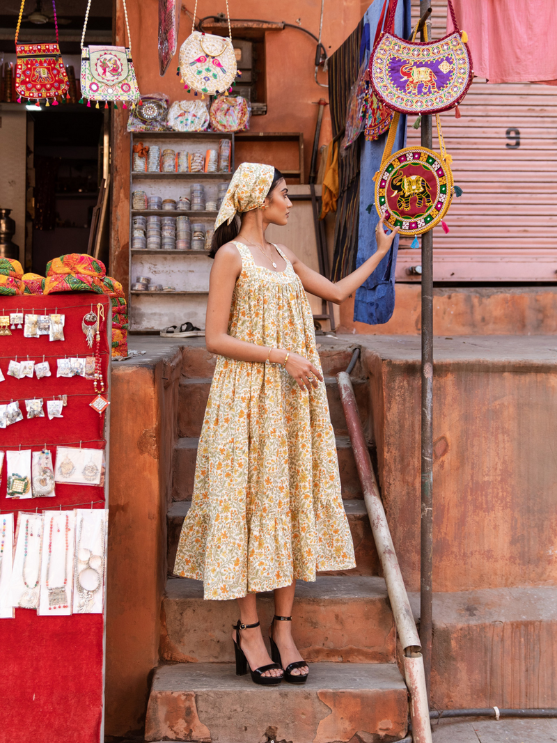 Mango Slush Dress - Printed Cotton Tiered Midi Dress cotton Dress by Marche in yellow color for women Worldwide