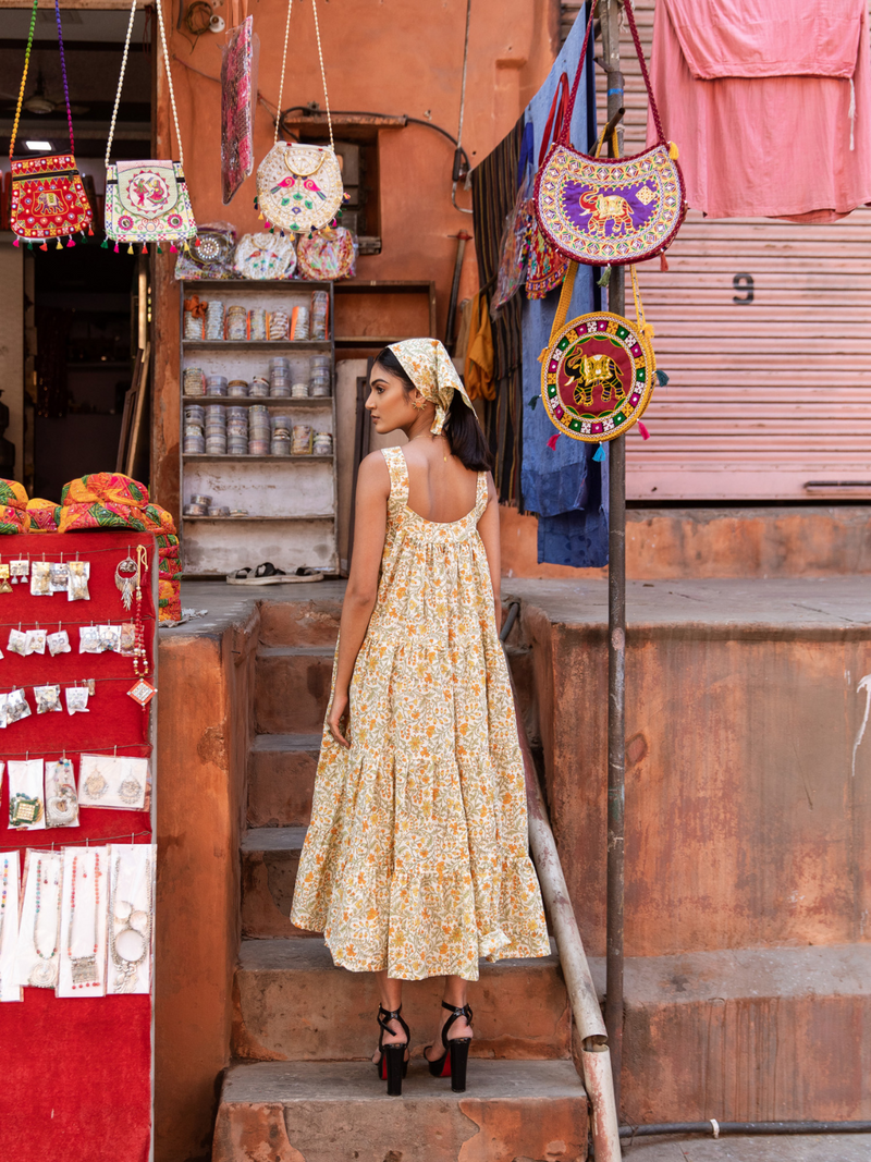 Mango Slush Dress - Printed Cotton Tiered Midi Dress cotton Dress by Marche in yellow color for women Worldwide