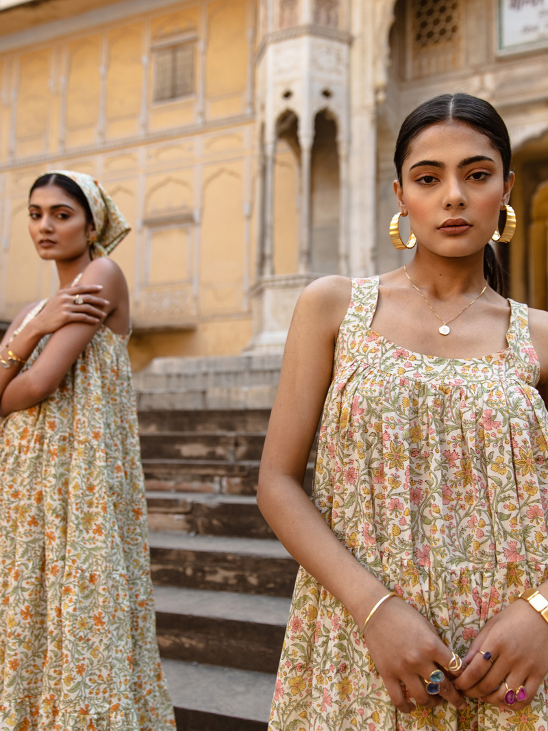 Mango Slush Dress - Printed Cotton Tiered Midi Dress cotton Dress by Marche in yellow color for women Worldwide