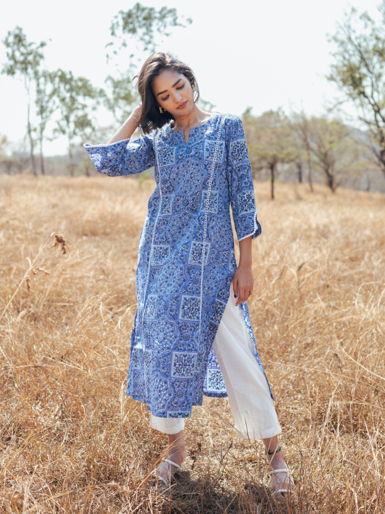Jodhpur Kurta Set - Handblock Printed Cotton Kurta Set cotton by Marche in blue color for women Worldwide