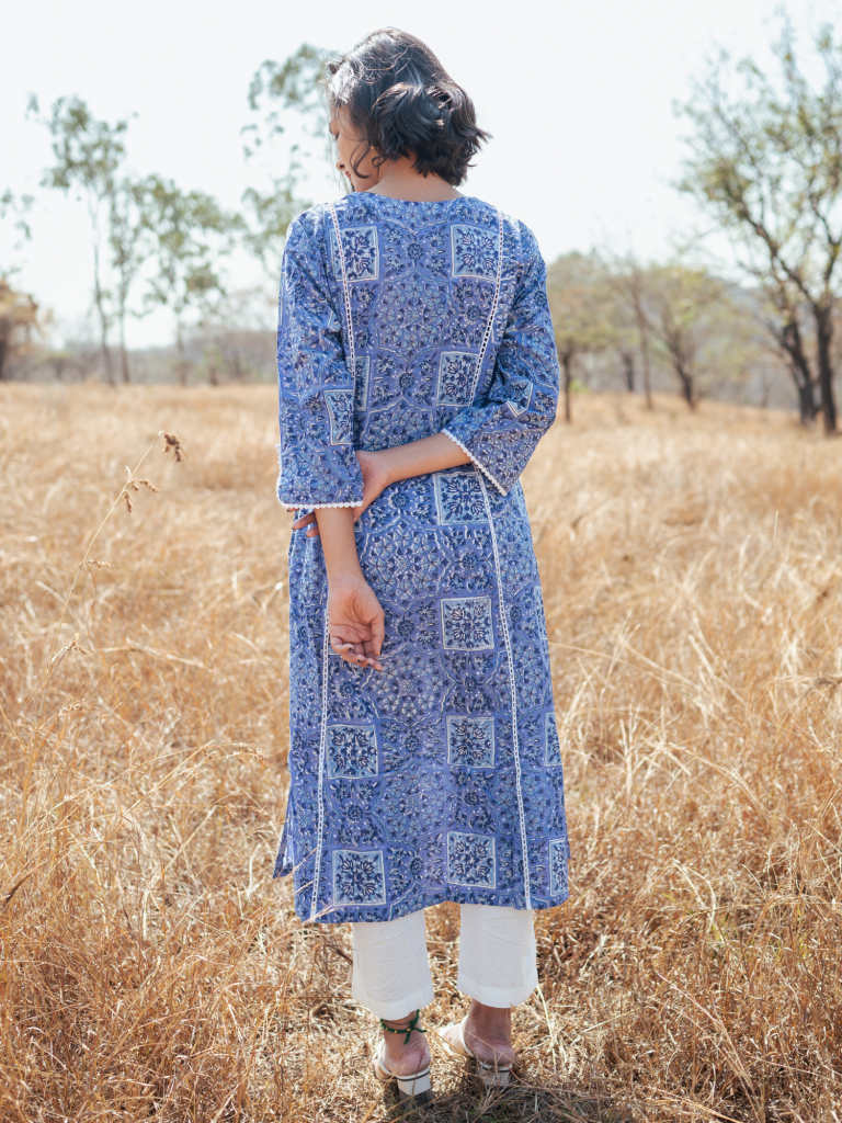Jodhpur Kurta Set - Handblock Printed Cotton Kurta Set cotton by Marche in blue color for women Worldwide