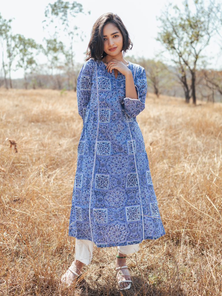 Jodhpur Kurta Set - Handblock Printed Cotton Kurta Set cotton by Marche in blue color for women Worldwide