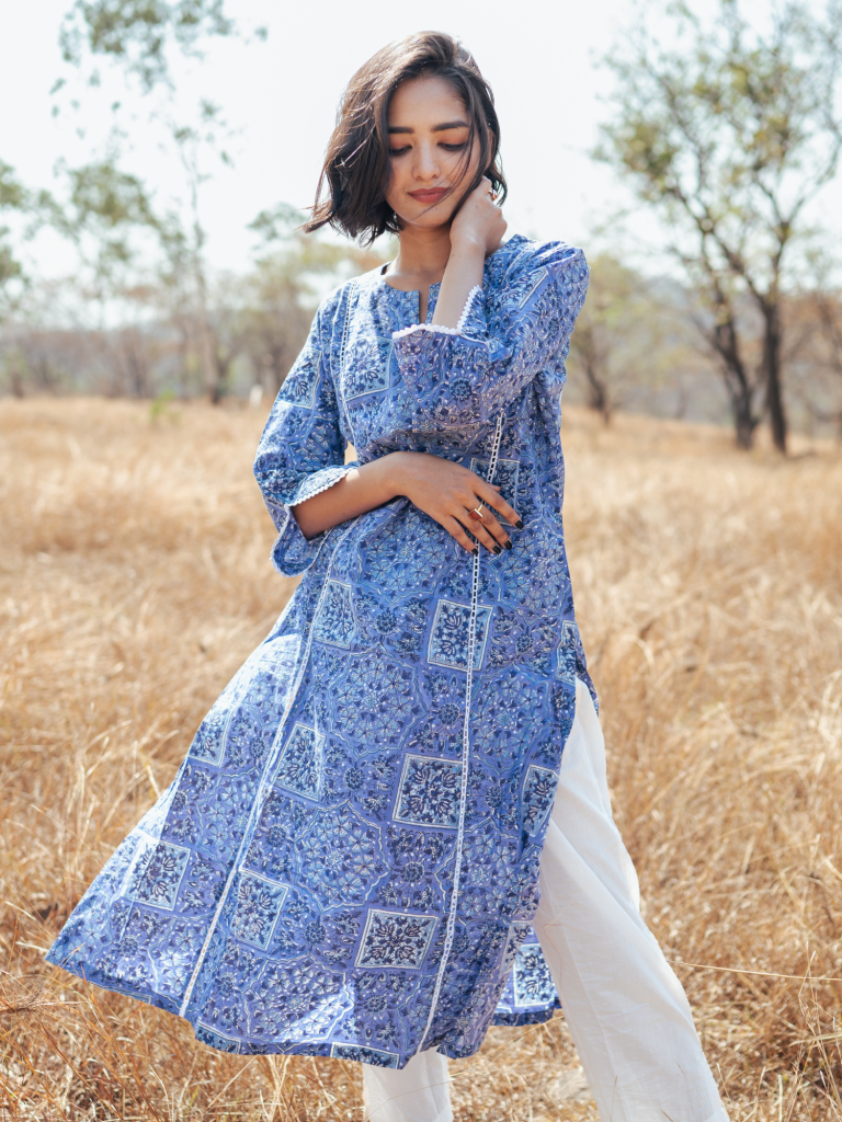 Jodhpur Kurta Set - Handblock Printed Cotton Kurta Set cotton by Marche in blue color for women Worldwide