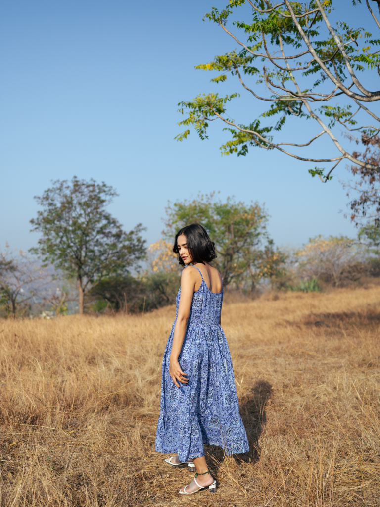 Jodhpur Dress - Handblock Printed Cotton Dress cotton by Marche in blue color for women Worldwide