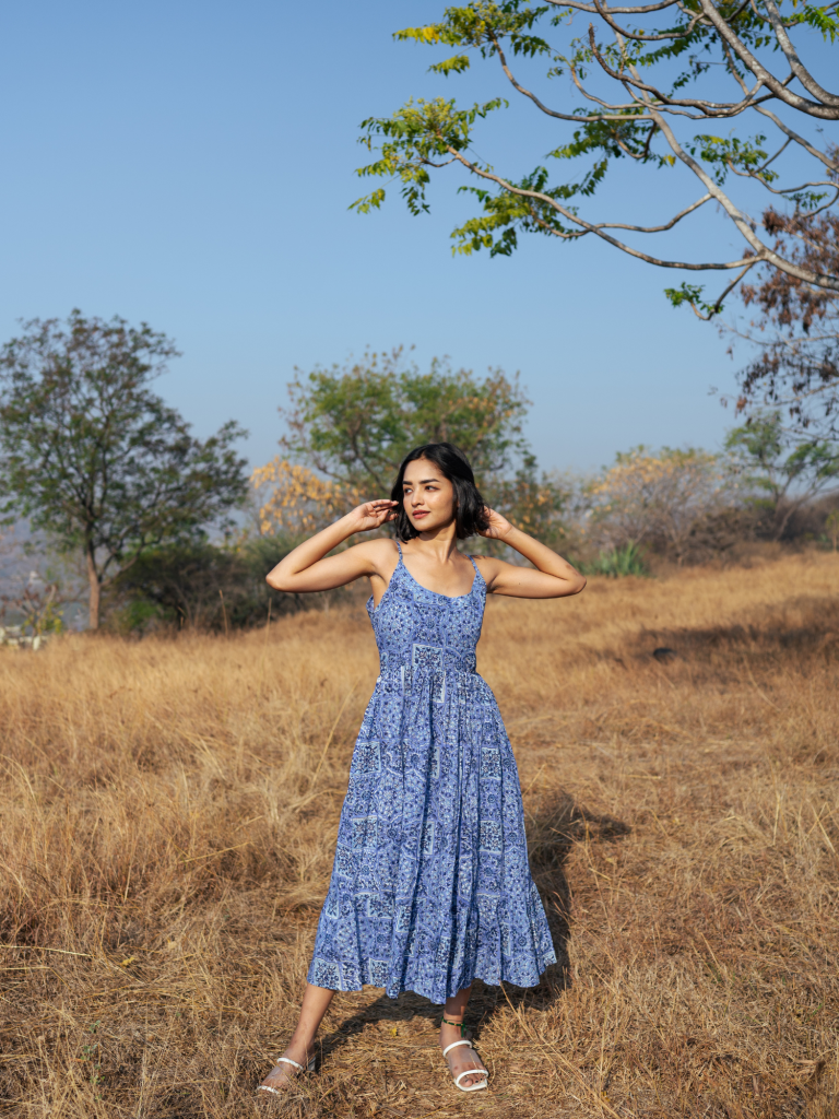Jodhpur Dress - Handblock Printed Cotton Dress cotton by Marche in blue color for women Worldwide