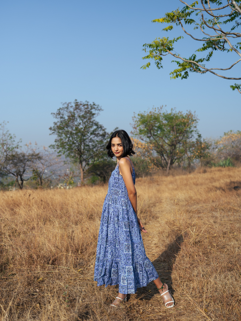 Jodhpur Dress - Handblock Printed Cotton Dress cotton by Marche in blue color for women Worldwide