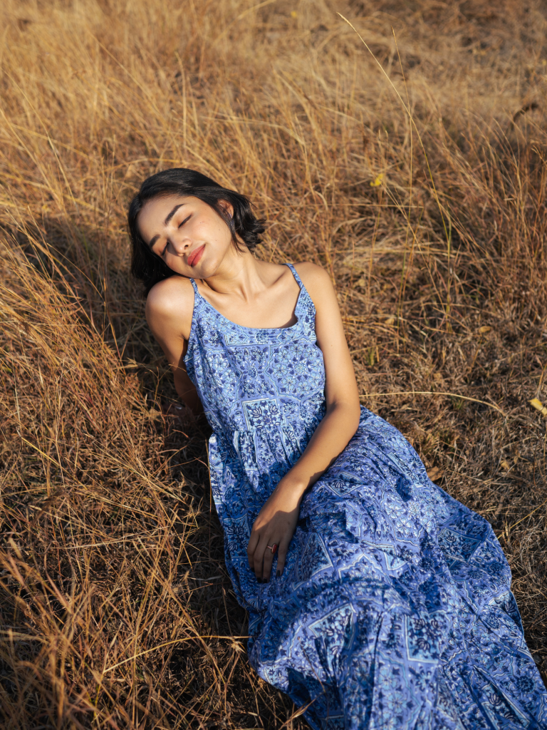 Jodhpur Dress - Handblock Printed Cotton Dress cotton by Marche in blue color for women Worldwide