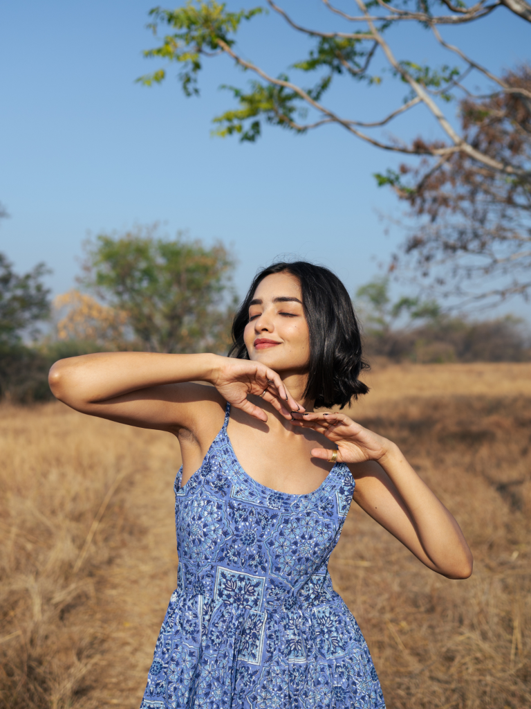 Jodhpur Dress - Handblock Printed Cotton Dress cotton by Marche in blue color for women Worldwide