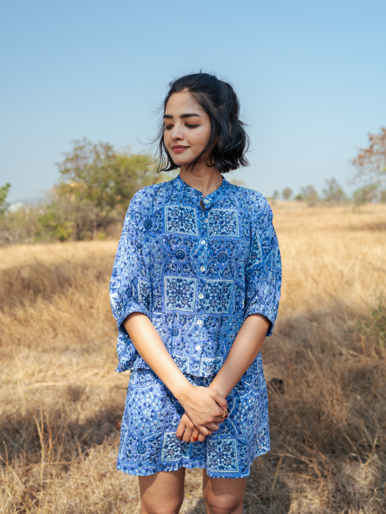 Jodhpur Co-Ord Set - Handblock Printed Cotton Co- Ord Set cotton by Marche in blue color for women Worldwide