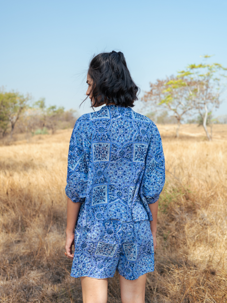 Jodhpur Co-Ord Set - Handblock Printed Cotton Co- Ord Set cotton by Marche in blue color for women Worldwide