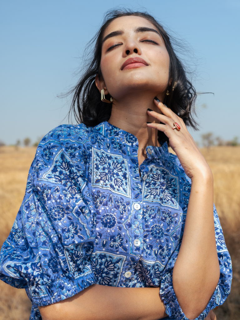 Jodhpur Co-Ord Set - Handblock Printed Cotton Co- Ord Set cotton by Marche in blue color for women Worldwide