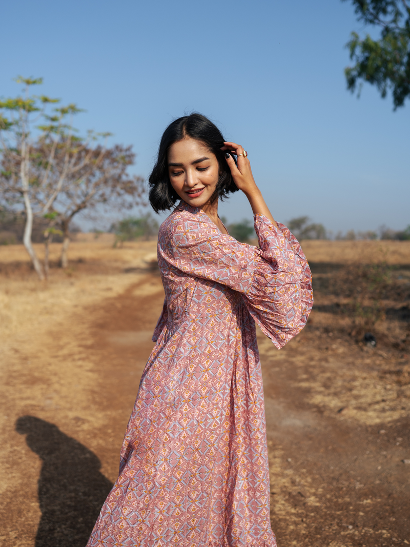 Pondi Dress - Handblock Printed Cotton Dress cotton by Marche in peach color for women Worldwide