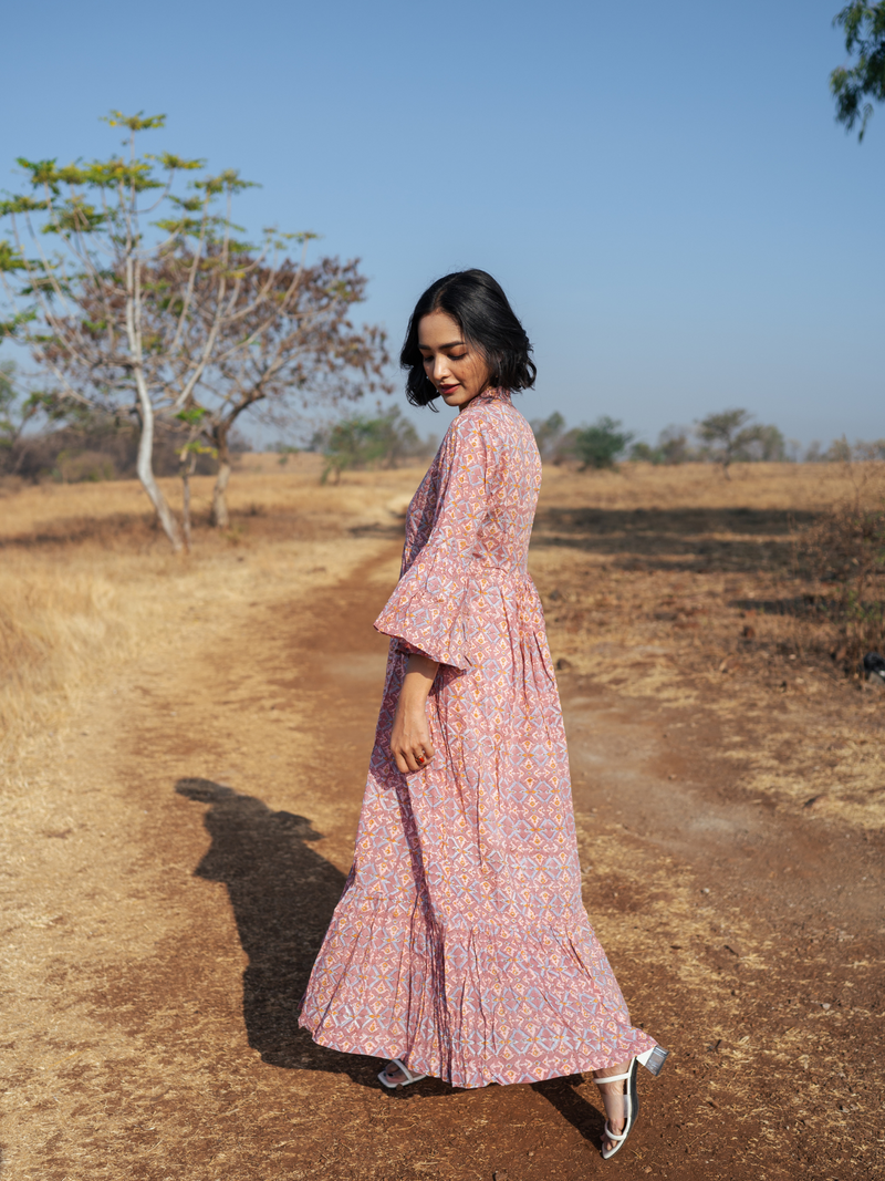 Pondi Dress - Handblock Printed Cotton Dress cotton by Marche in peach color for women Worldwide