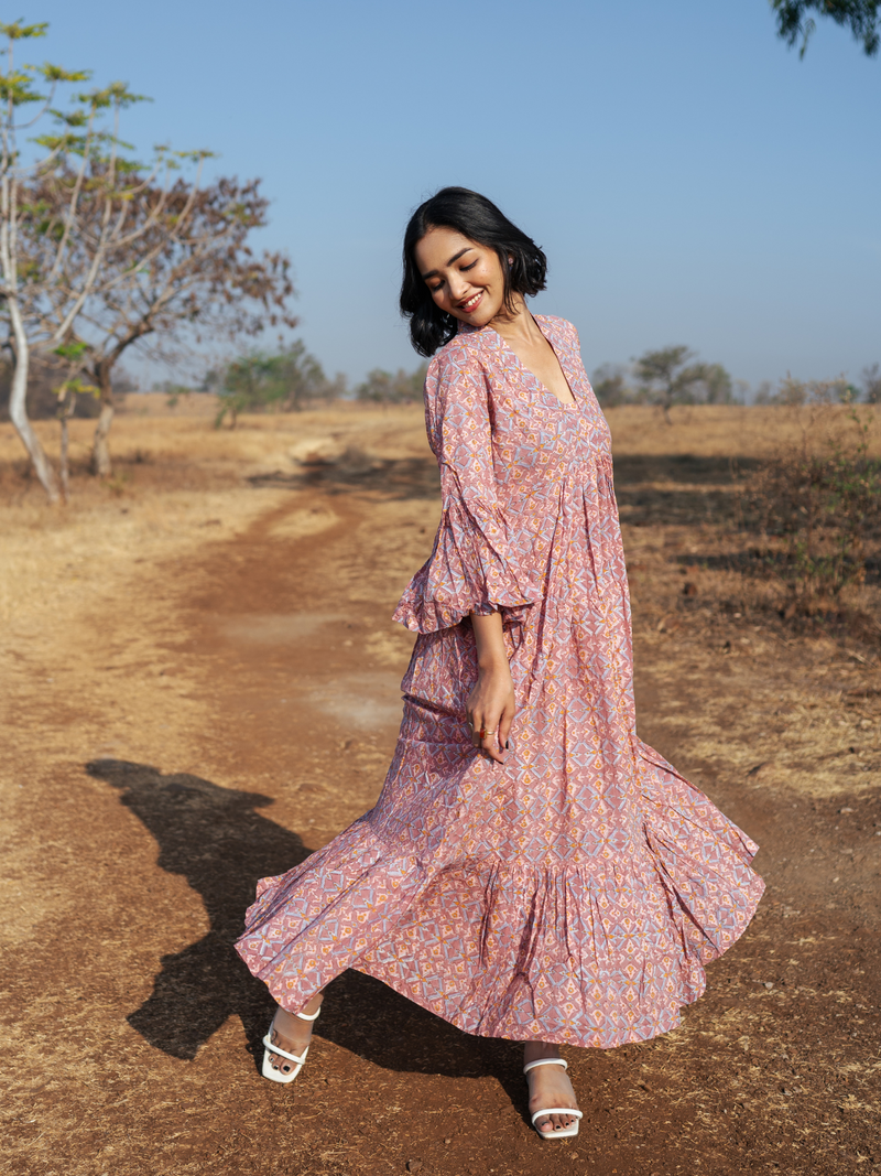 Pondi Dress - Handblock Printed Cotton Dress cotton by Marche in peach color for women Worldwide