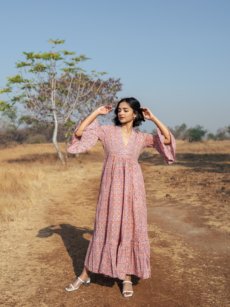 Pondi Dress - Handblock Printed Cotton Dress cotton by Marche in peach color for women Worldwide