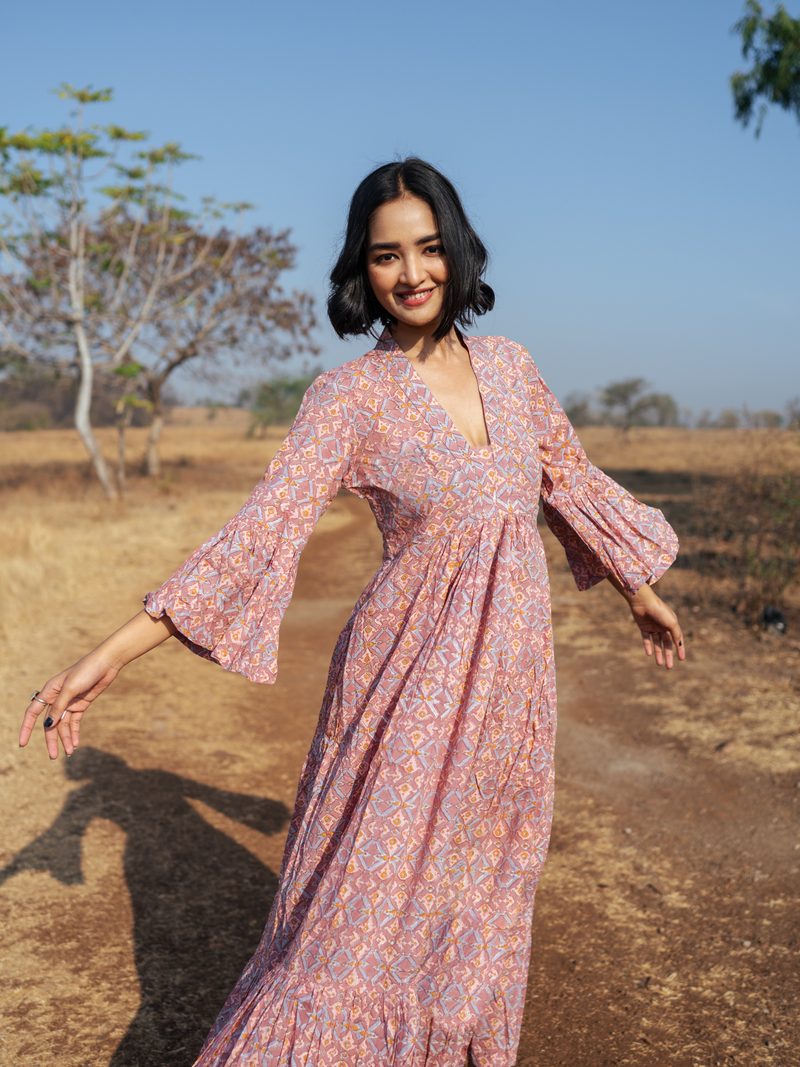 Pondi Dress - Handblock Printed Cotton Dress cotton by Marche in peach color for women Worldwide