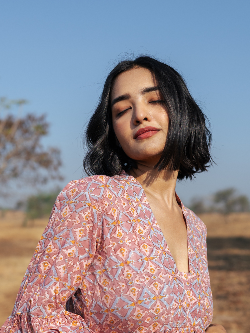 Pondi Dress - Handblock Printed Cotton Dress cotton by Marche in peach color for women Worldwide