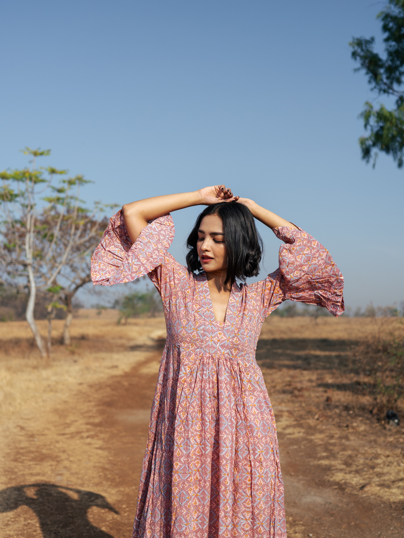 Pondi Dress - Handblock Printed Cotton Dress cotton by Marche in peach color for women Worldwide