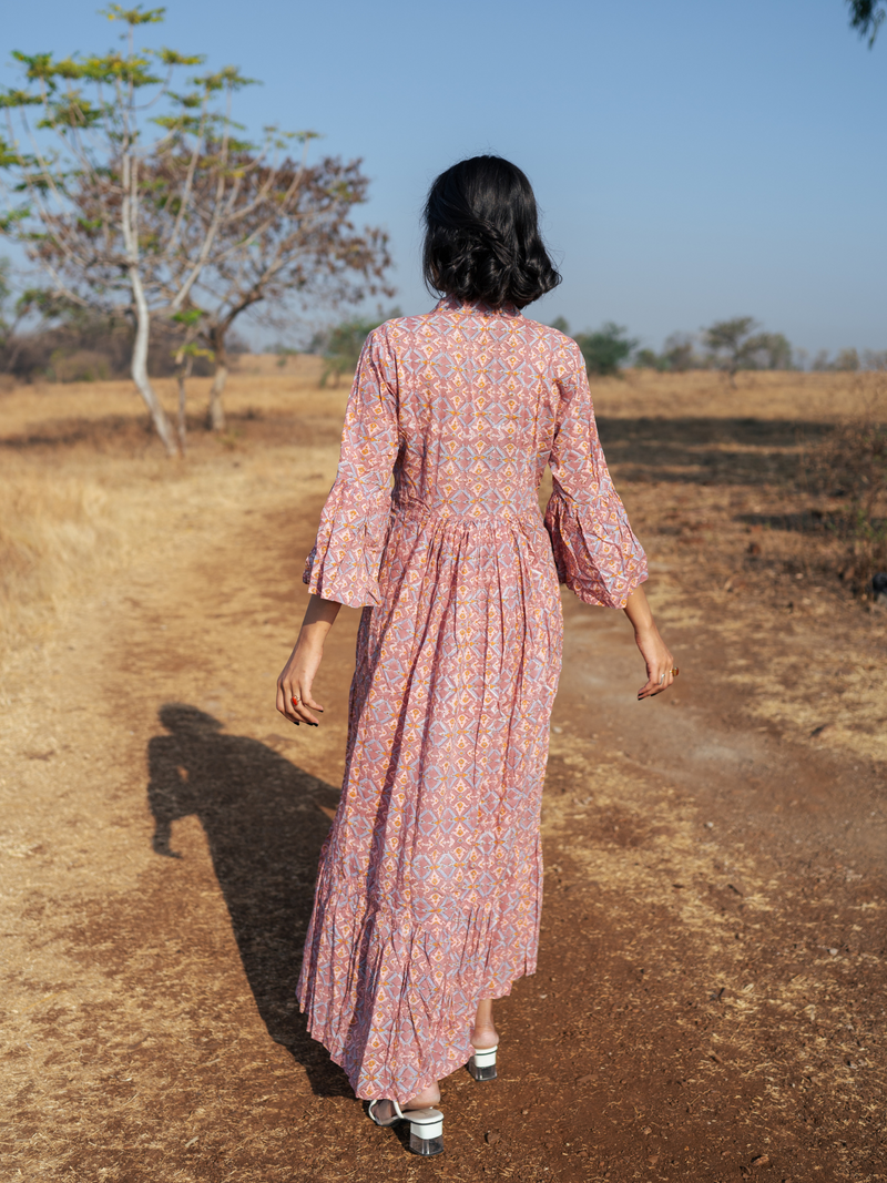 Pondi Dress - Handblock Printed Cotton Dress cotton by Marche in peach color for women Worldwide