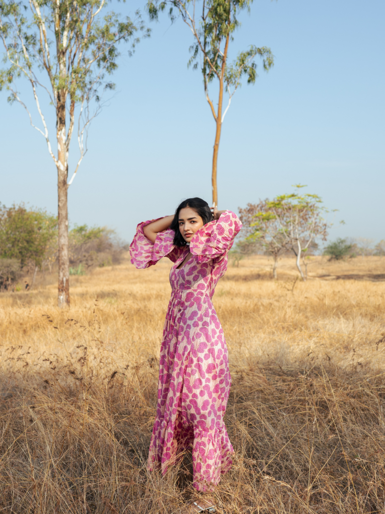 Mussoorie Maxi Dress - Handblock Printed Cotton Dress cotton by Marche in red color for women Worldwide