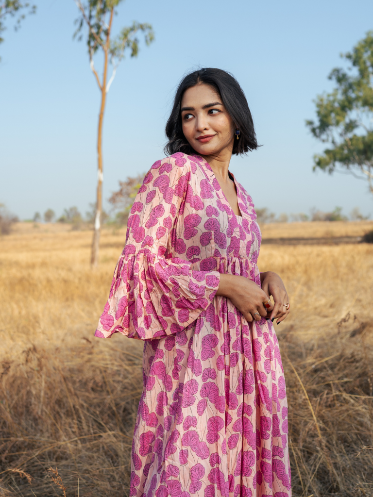 Mussoorie Maxi Dress - Handblock Printed Cotton Dress cotton by Marche in red color for women Worldwide