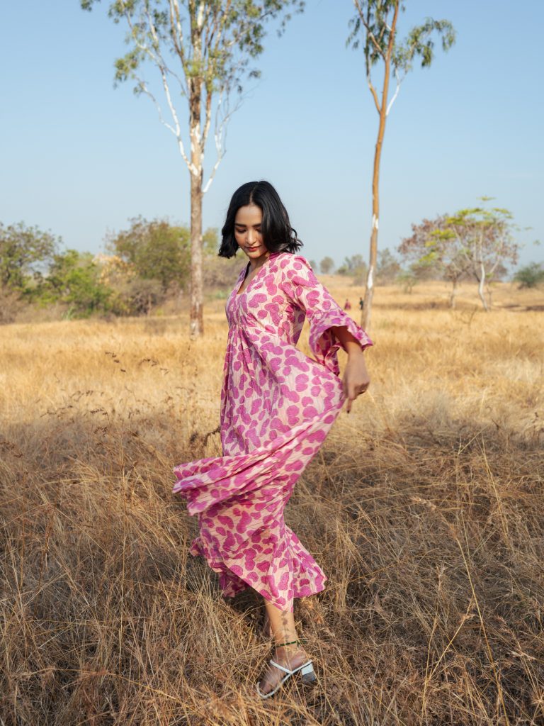 Mussoorie Maxi Dress - Handblock Printed Cotton Dress cotton by Marche in red color for women Worldwide