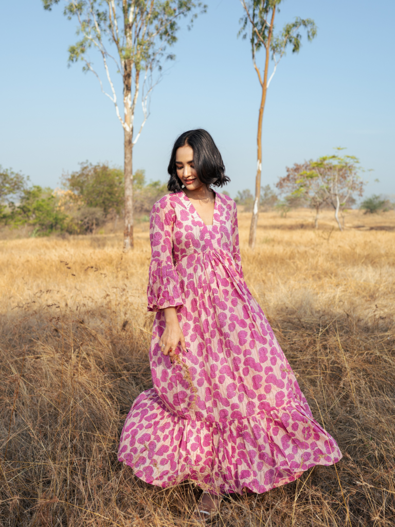Mussoorie Maxi Dress - Handblock Printed Cotton Dress cotton by Marche in red color for women Worldwide