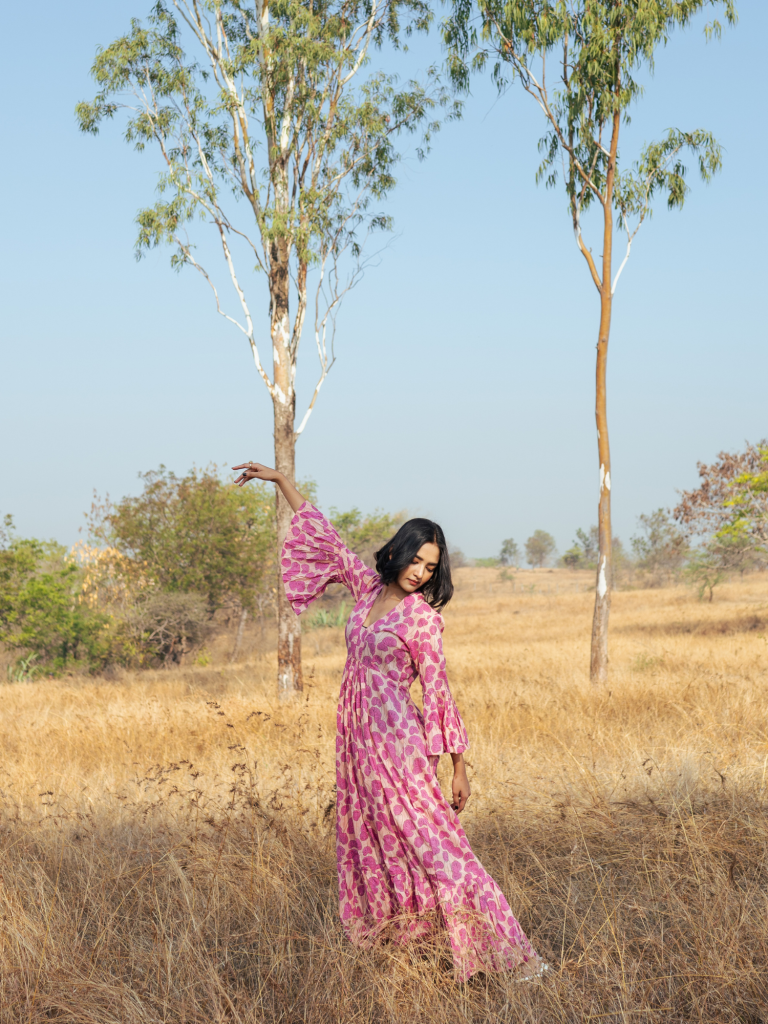 Mussoorie Maxi Dress - Handblock Printed Cotton Dress cotton by Marche in red color for women Worldwide