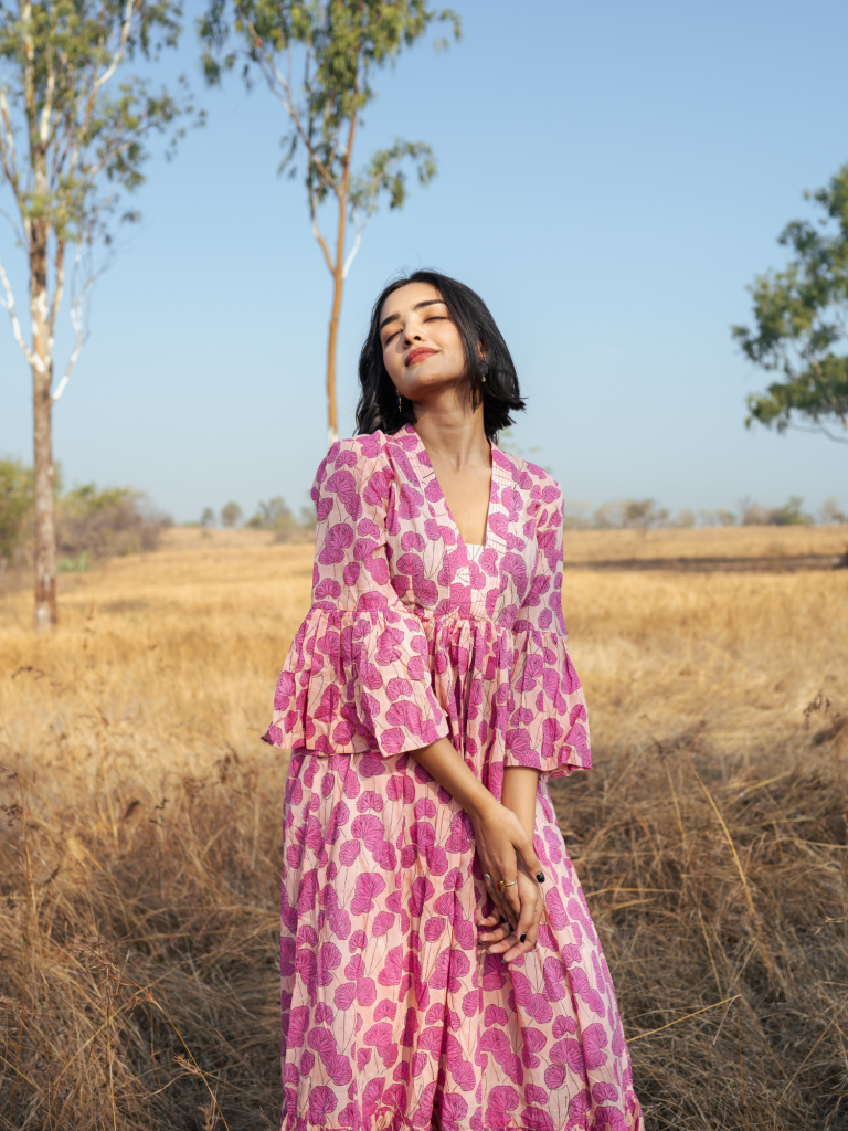 Mussoorie Maxi Dress - Handblock Printed Cotton Dress cotton by Marche in red color for women Worldwide