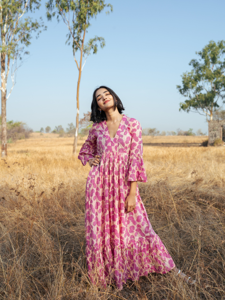 Mussoorie Maxi Dress - Handblock Printed Cotton Dress cotton by Marche in red color for women Worldwide