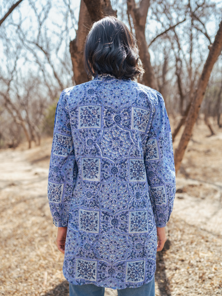 Jodhpur Shirt - Handblock Printed Cotton Shirt cotton by Marche in blue color for women Worldwide