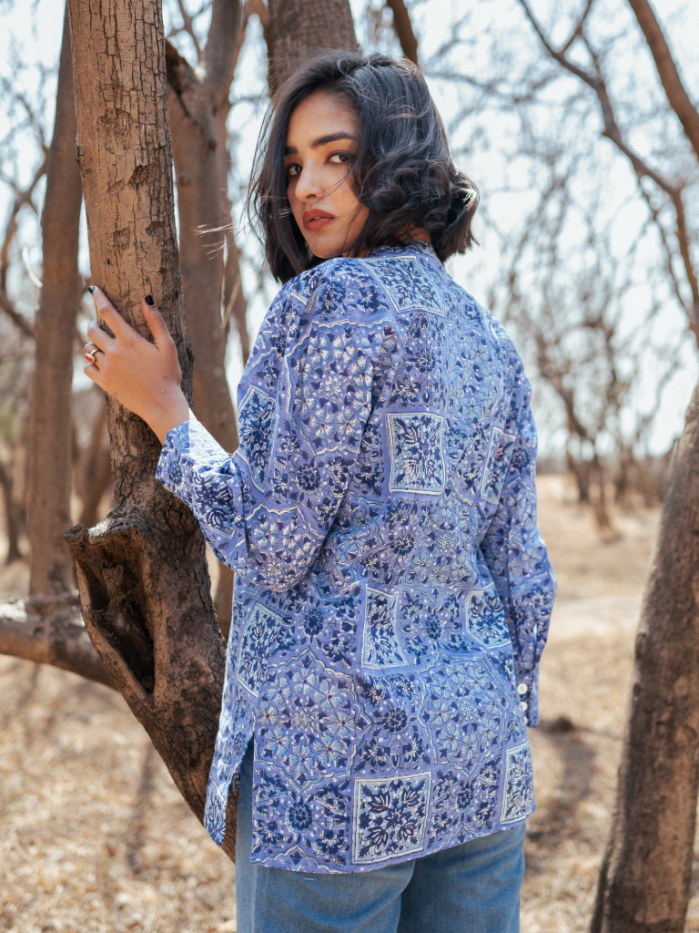 Jodhpur Shirt - Handblock Printed Cotton Shirt cotton by Marche in blue color for women Worldwide