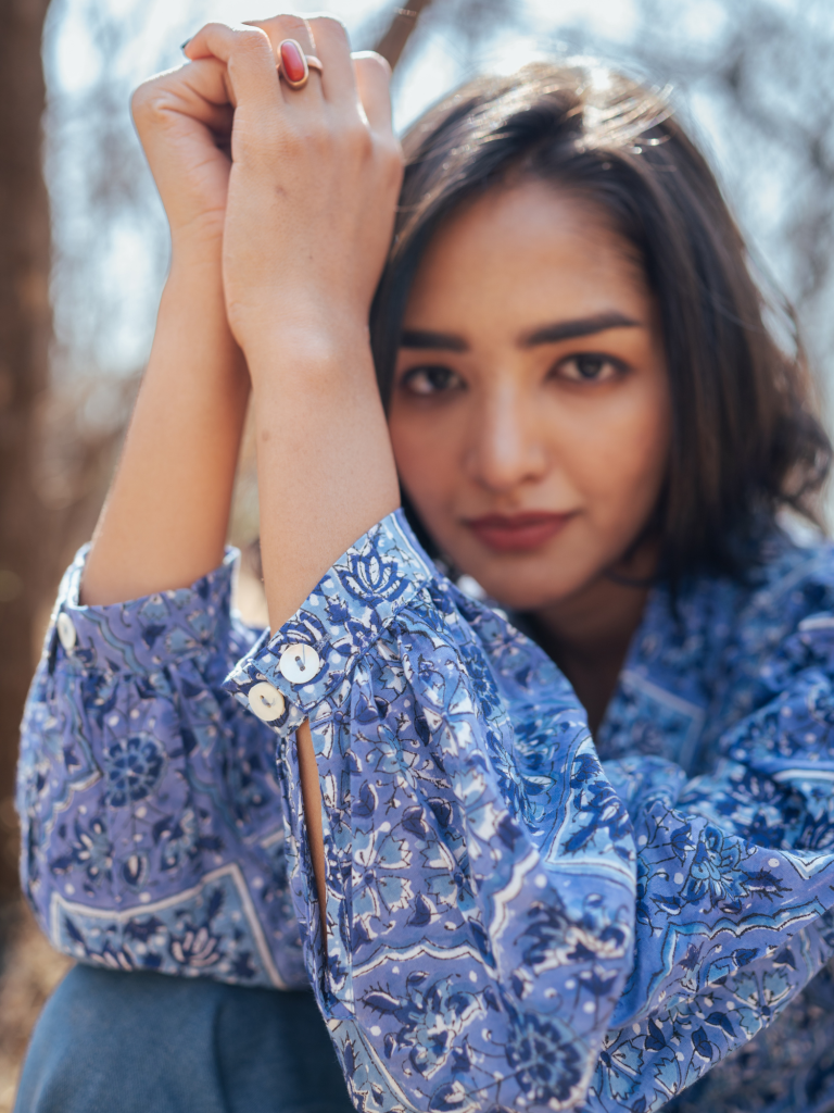 Jodhpur Shirt - Handblock Printed Cotton Shirt cotton by Marche in blue color for women Worldwide