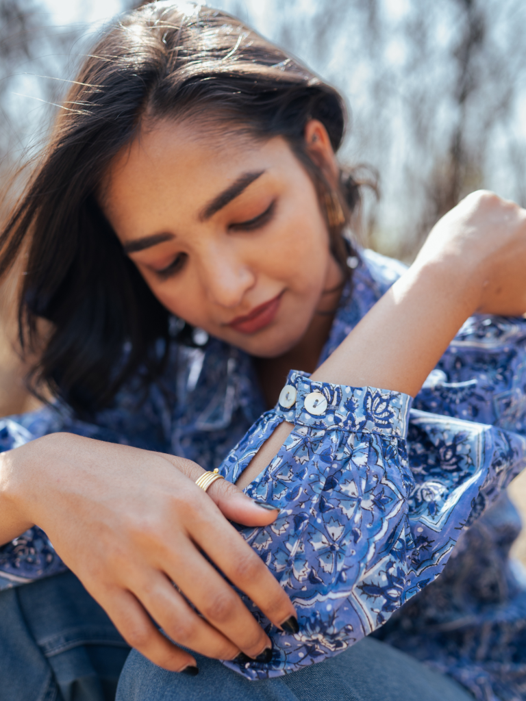 Jodhpur Shirt - Handblock Printed Cotton Shirt cotton by Marche in blue color for women Worldwide