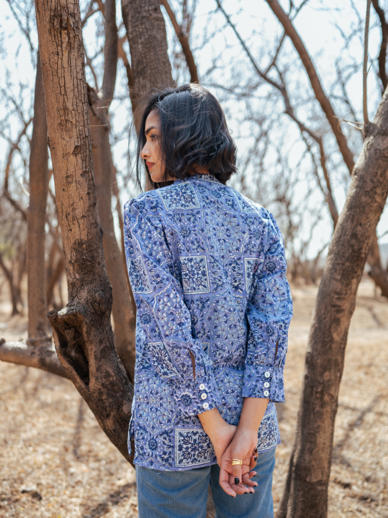 Jodhpur Shirt - Handblock Printed Cotton Shirt cotton by Marche in blue color for women Worldwide