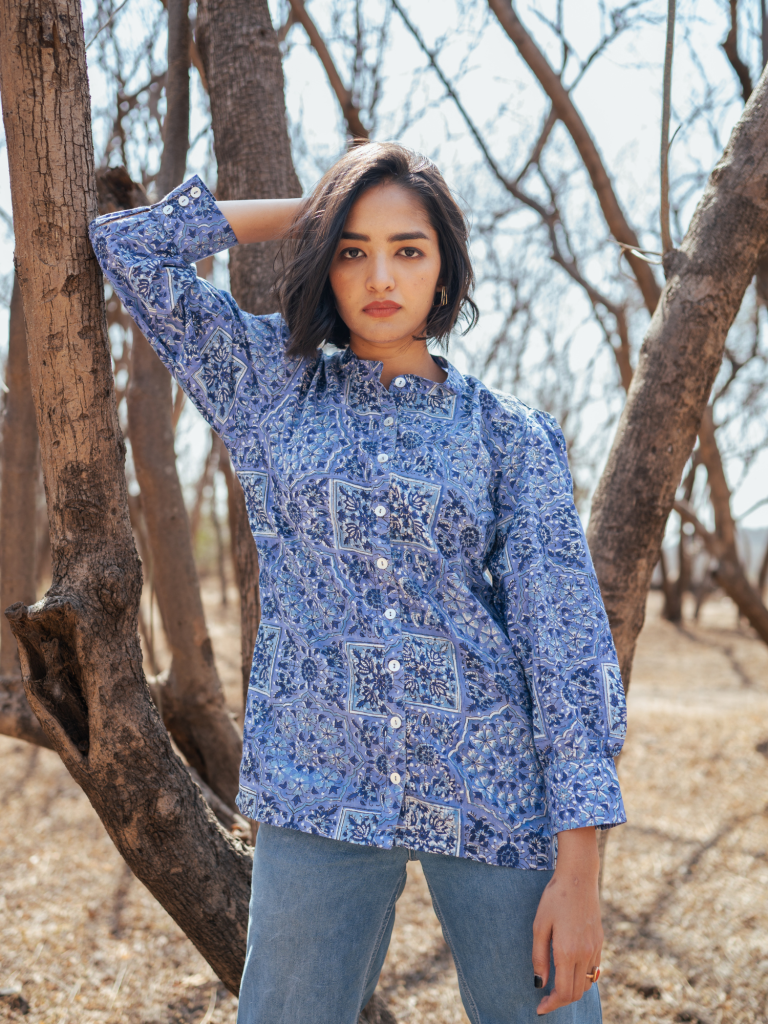 Jodhpur Shirt - Handblock Printed Cotton Shirt cotton by Marche in blue color for women Worldwide